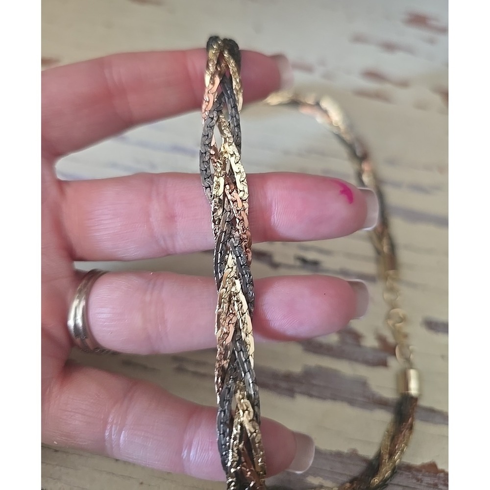 Vtg Tri-Tone Color‎ Braided Style Herringbone Korea Fashion Jewelry Necklace - Picture 3 of 5